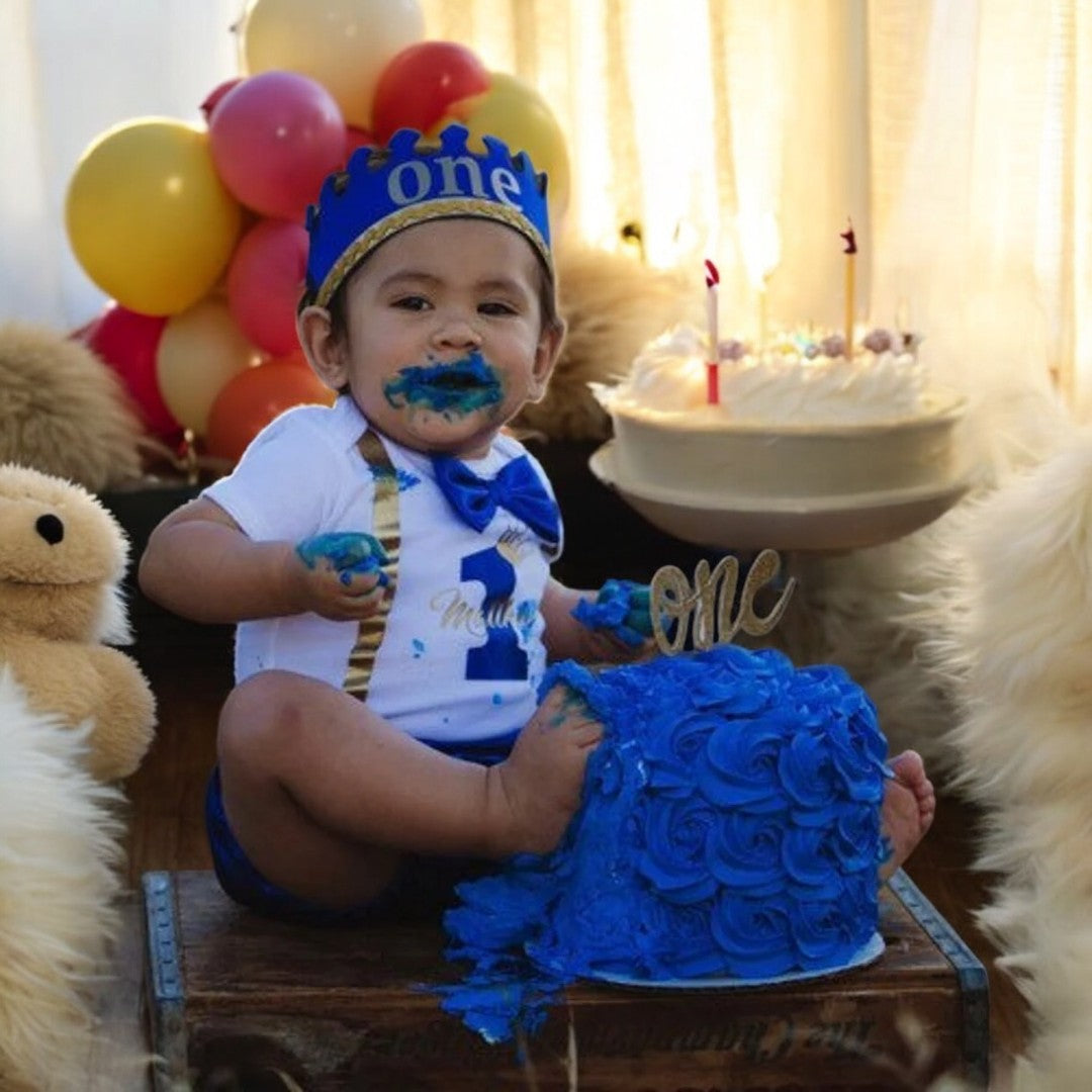 Royal Blue Prince King outfit first smash cake for birthdays