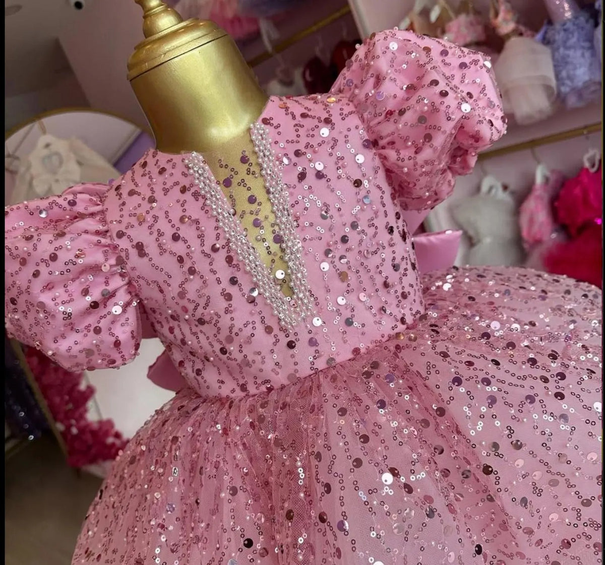 Pink Pearl Back V Puffy Baby Girl Birthday Dress – close-up