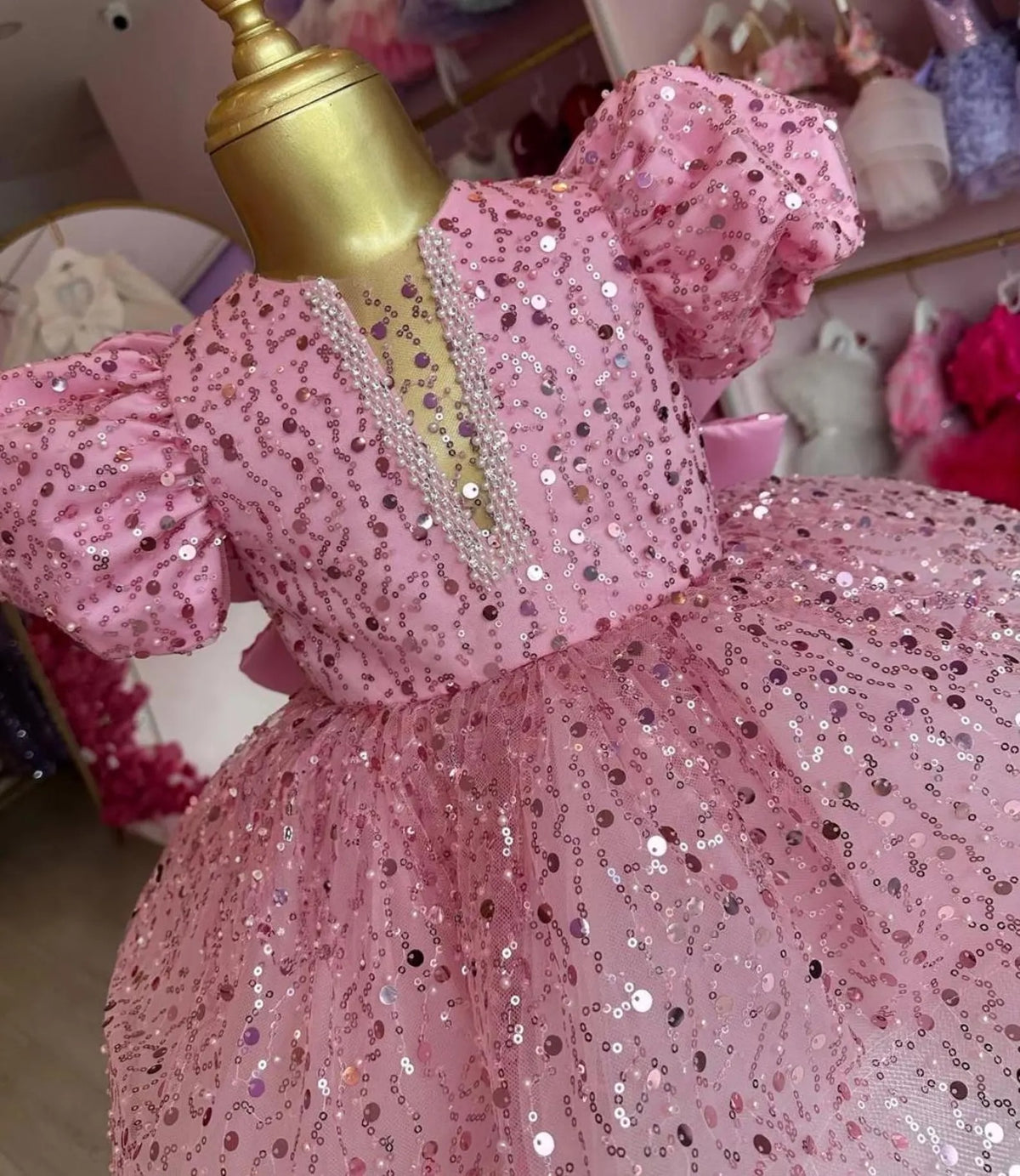 Pink Pearl Back V Puffy Baby Girl Birthday Dress – styled look