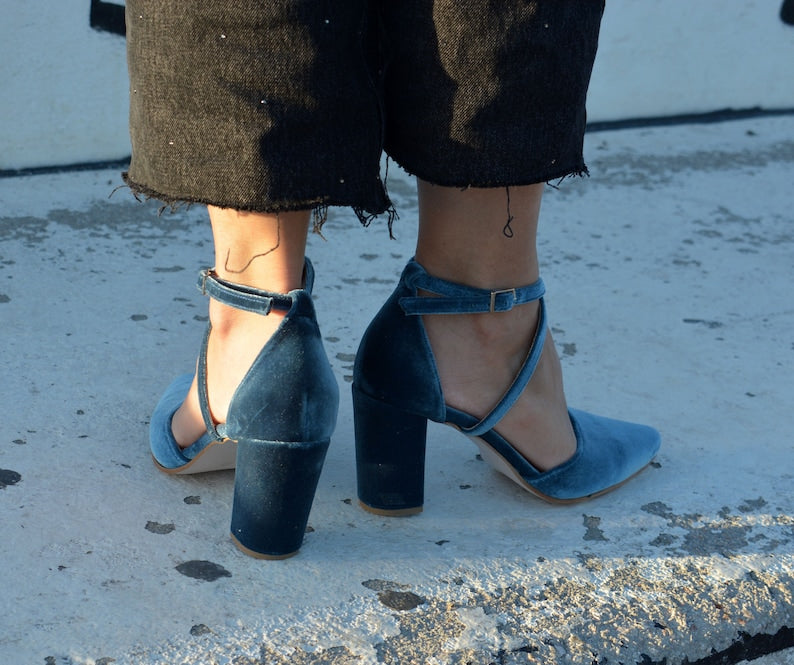 Teal Blue Velvet Block Heels – side view