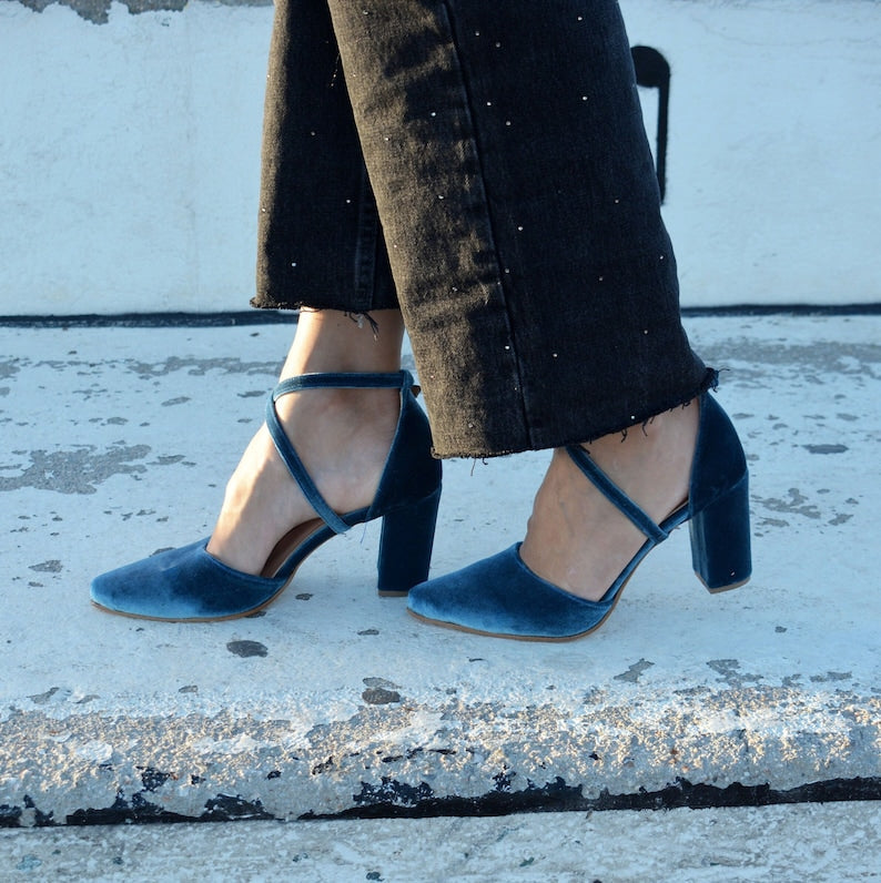 Teal Blue Velvet Block Heels for weddings