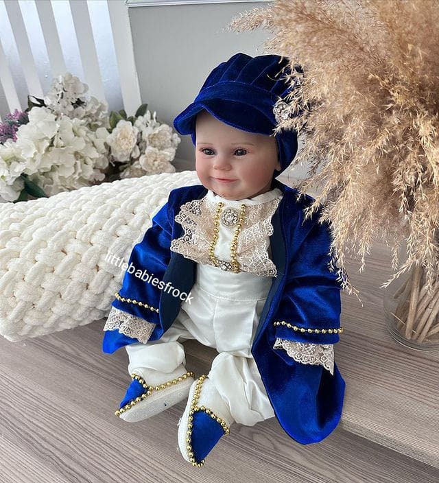 Prince Charming Costume: Royal Blue Velvet Baby Suit – side view