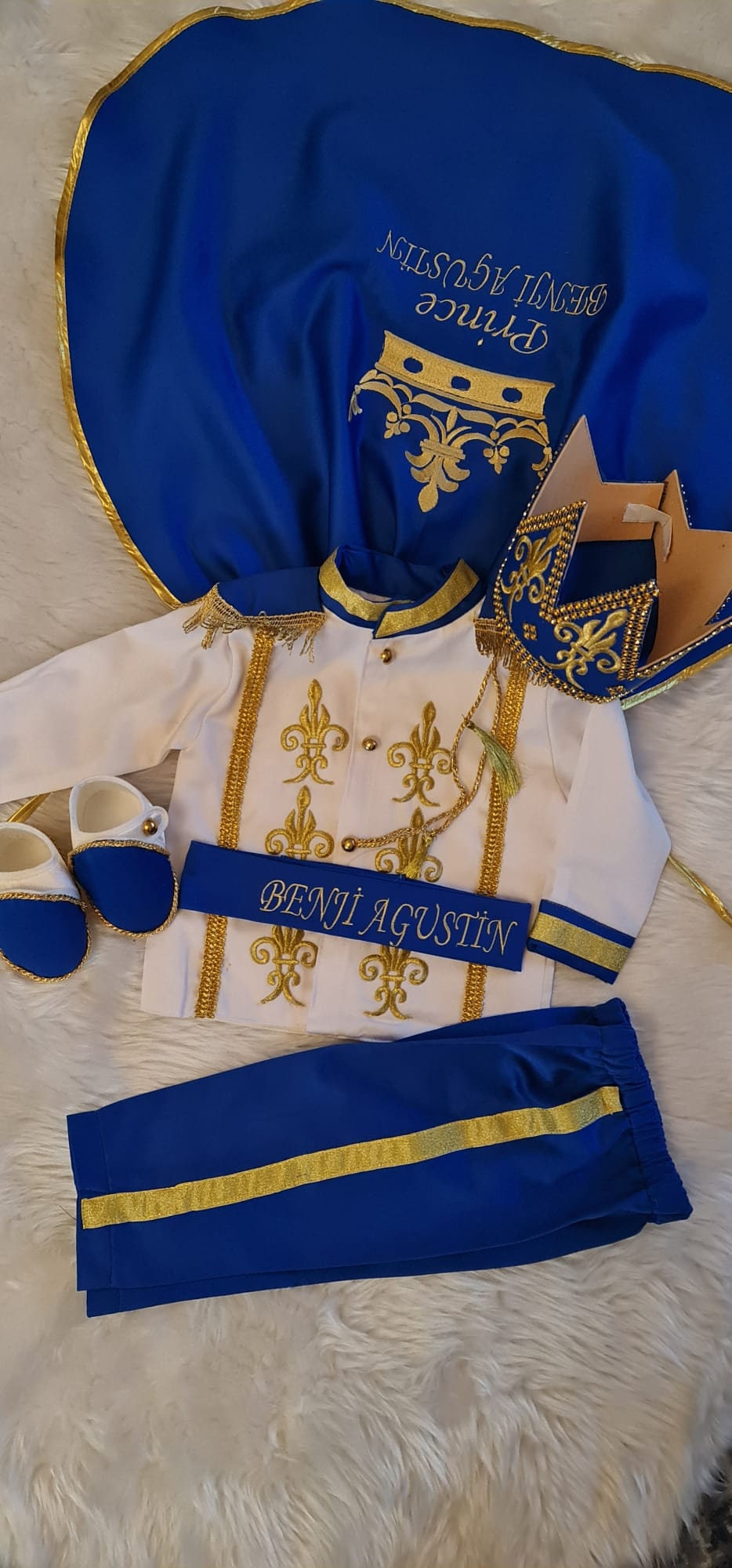 Baby Boy Prince Costume: Blue & Gold Birthday Outfit – side view