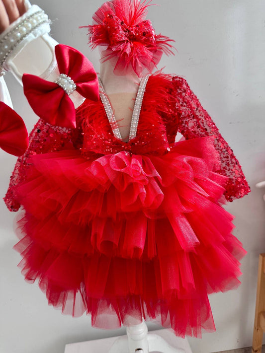 Baby Girl First Birthday Outfit: Red Sequin Dress & Flower Crown