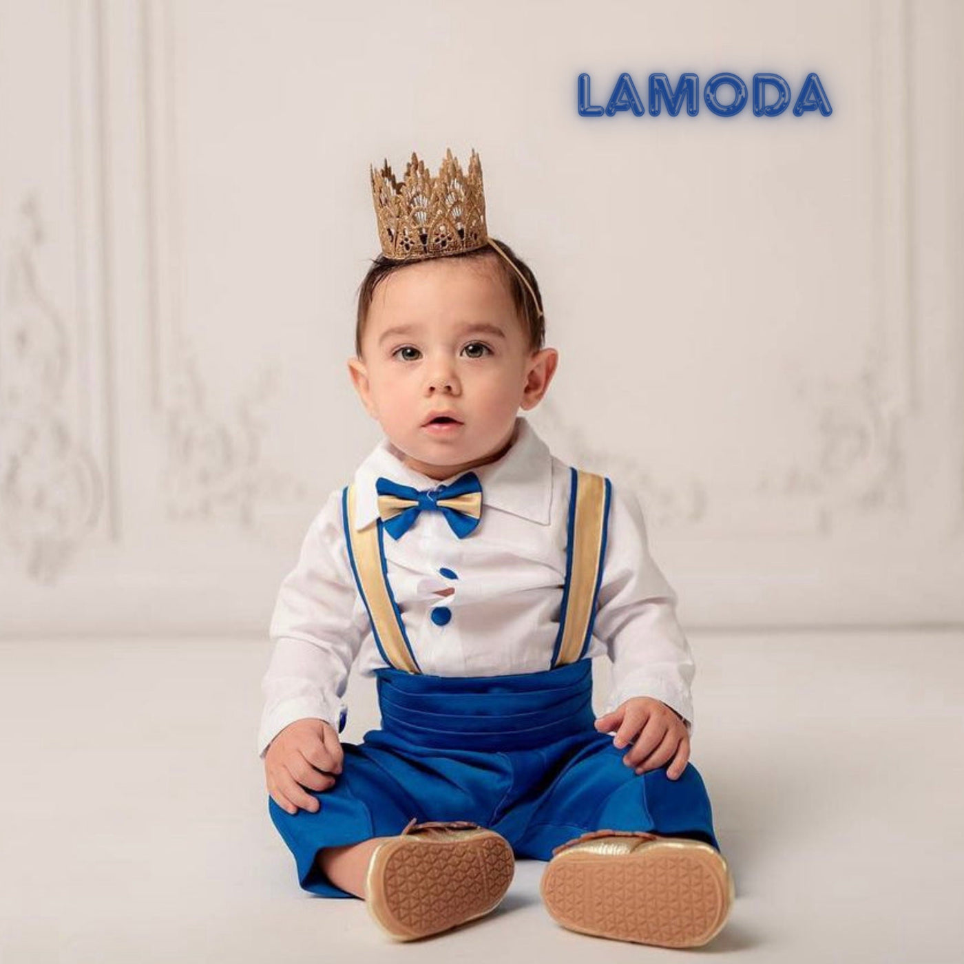Royal Blue Linen Baby Suit: Christening, Baptism Outfit â close-up