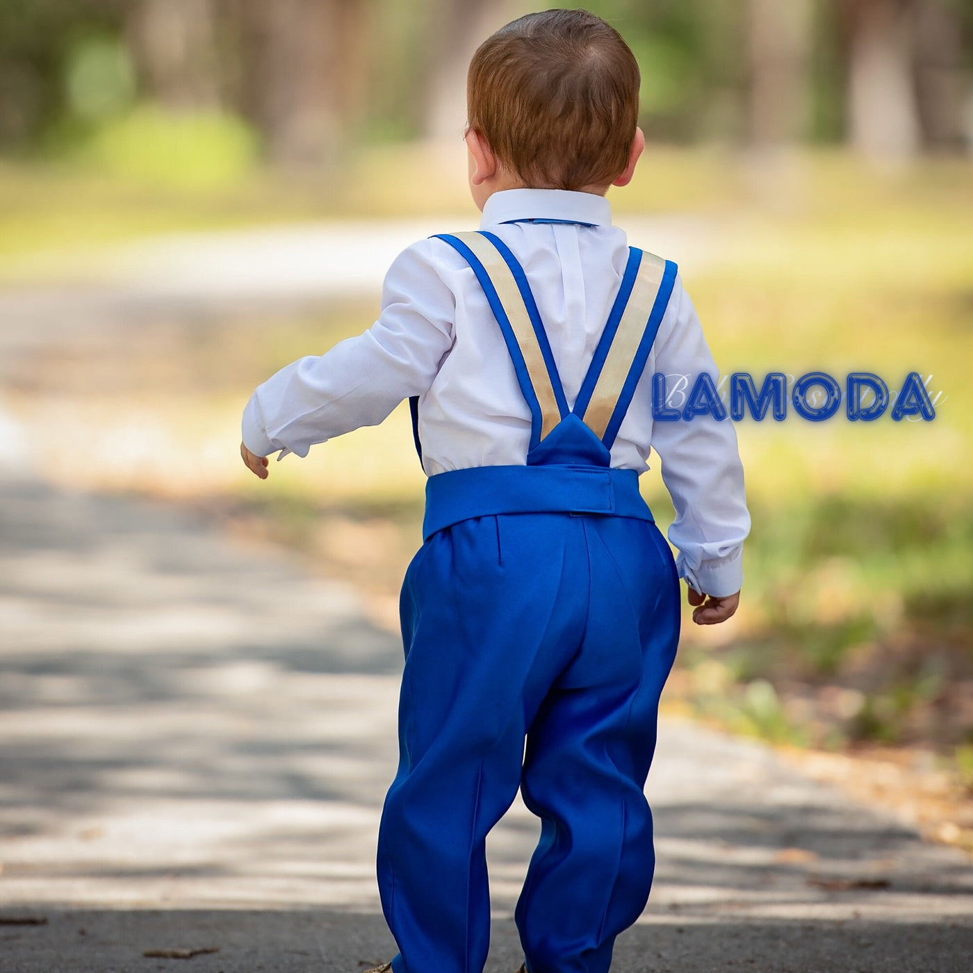 Royal Blue Linen Baby Suit: Christening, Baptism Outfit â side view