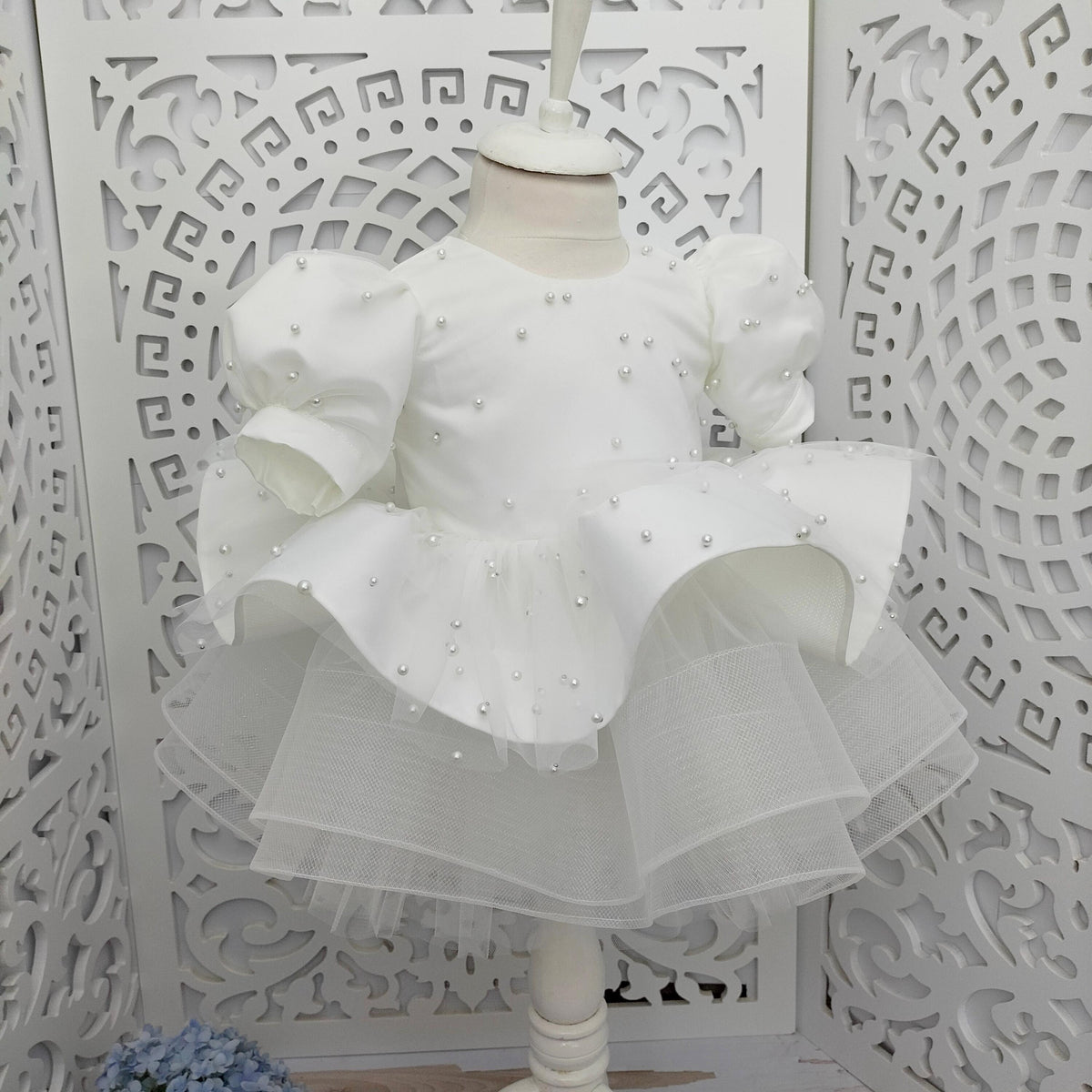 Pink Pearl Back V Puffy Baby Girl Birthday Dress (Pink) – detail shot