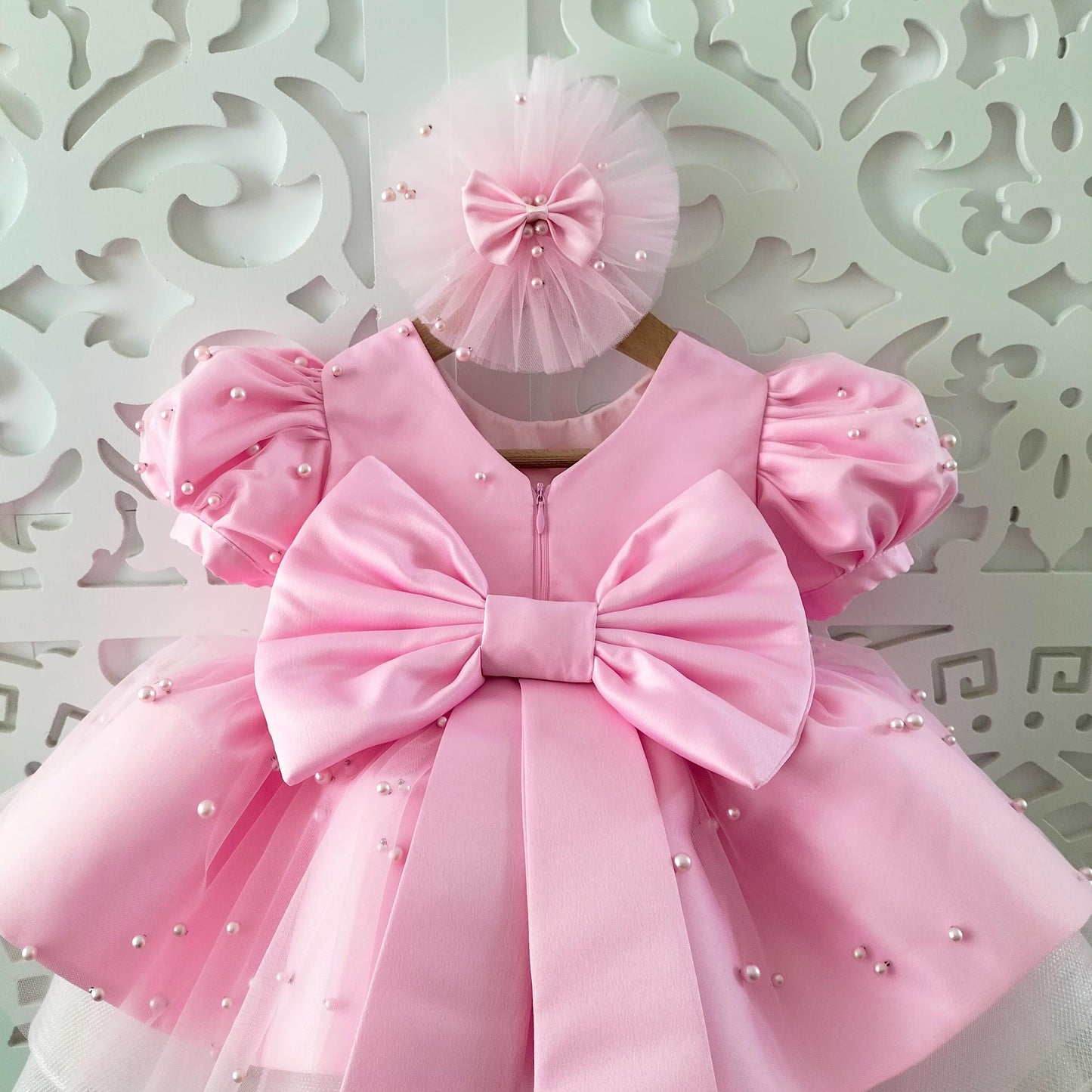 Pink Pearl Back V Puffy Baby Girl Birthday Dress