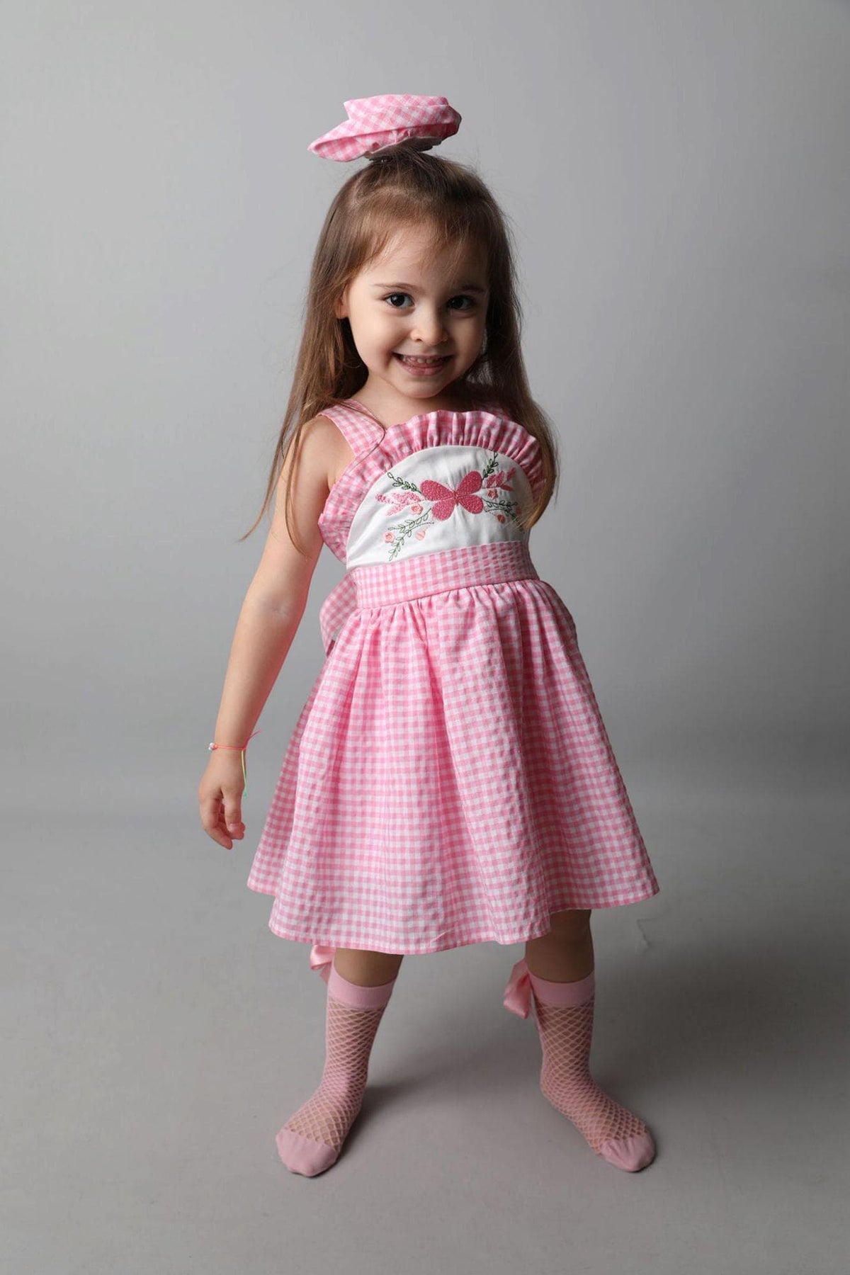 Pink Gingham Flower Girl Dress: Handmade Sequin Tulle Party Dress – side view