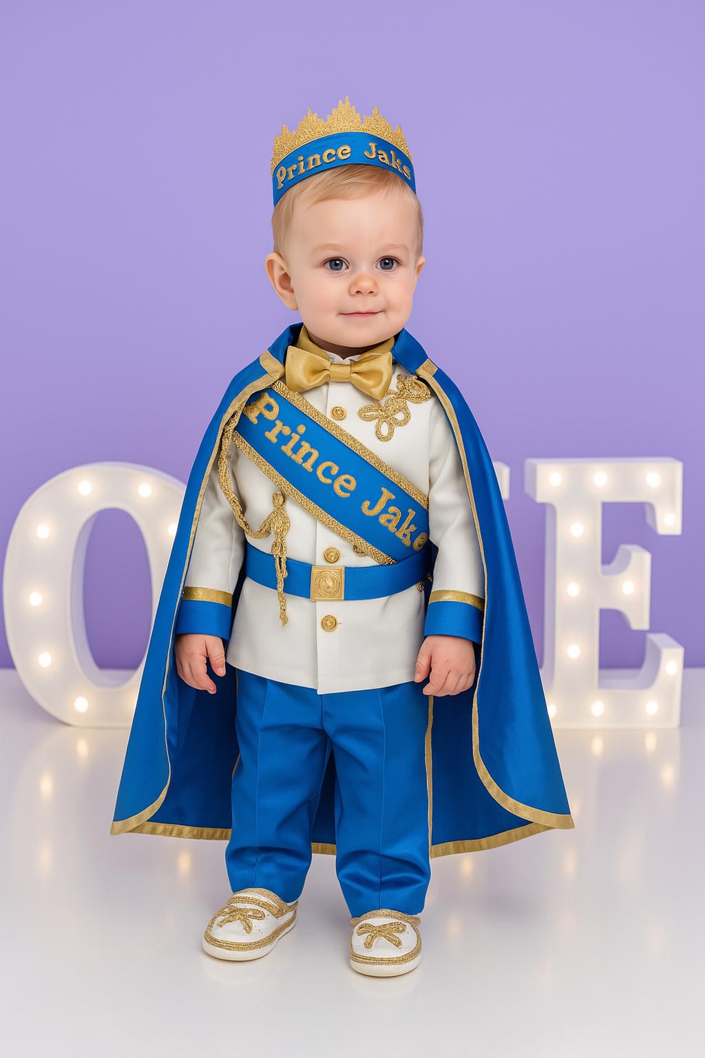 Prince 1st Birthday Outfit: Royal Blue & Gold Costume with Crown – styled look
