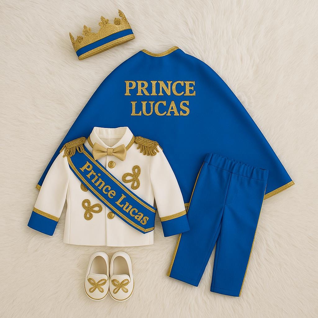 Prince 1st Birthday Outfit: Royal Blue & Gold Costume with Crown – close-up