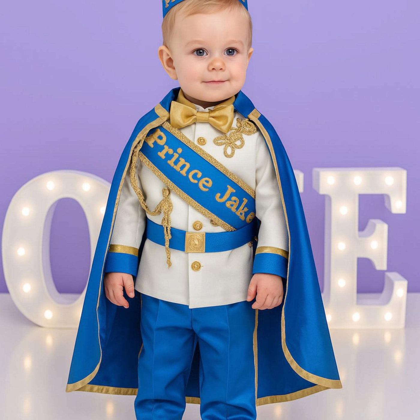 Prince 1st Birthday Outfit: Royal Blue & Gold Costume with Crown – side view
