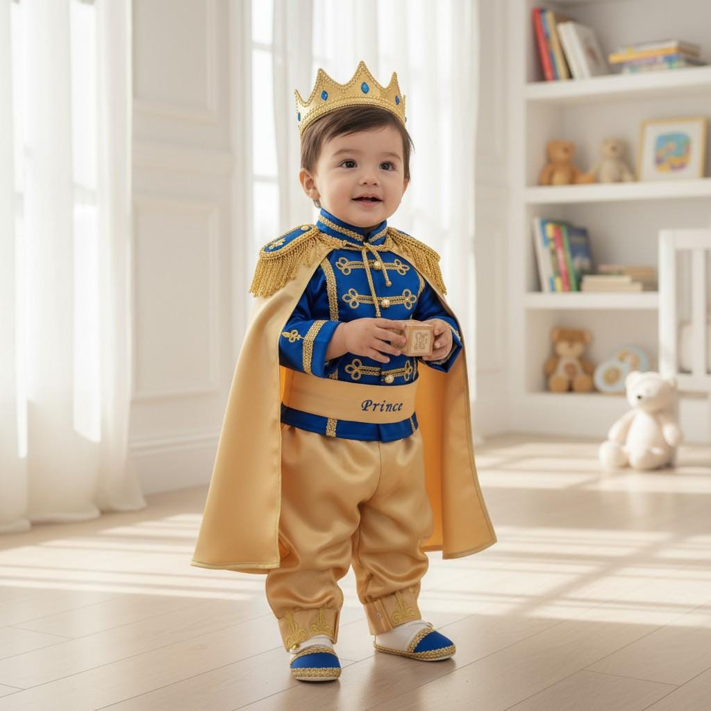 Handmade Prince Charming Baby Costume: Royal Blue & Gold Birthday Outfit