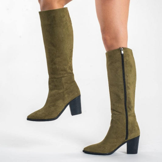 Olive Green Suede Knee High Boots | Block Heel Long Boots | Chic Pointed Toe Winter Fashion for Women