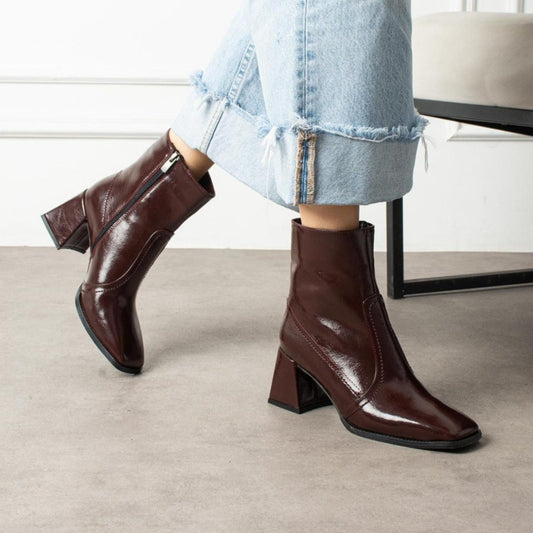 Burgundy Patent Leather Ankle Boots | Square Block Heel Short Boots | Glossy Pointed Toe Retro Chic for Women