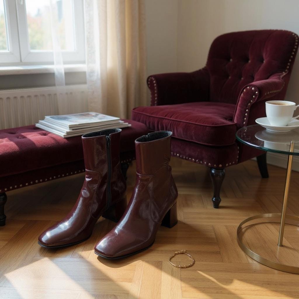 Burgundy Patent Leather Ankle Boots | Handmade Glossy Block Heel Booties for Women