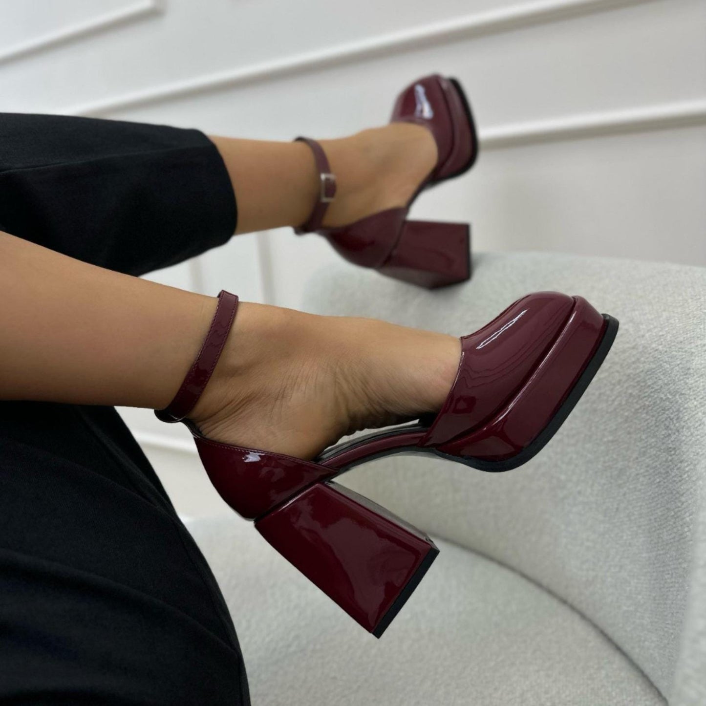 Burgundy Patent Platform Heels | Chunky Block Heel Mary Jane Shoes | Elegant Glossy Ankle Strap Pumps