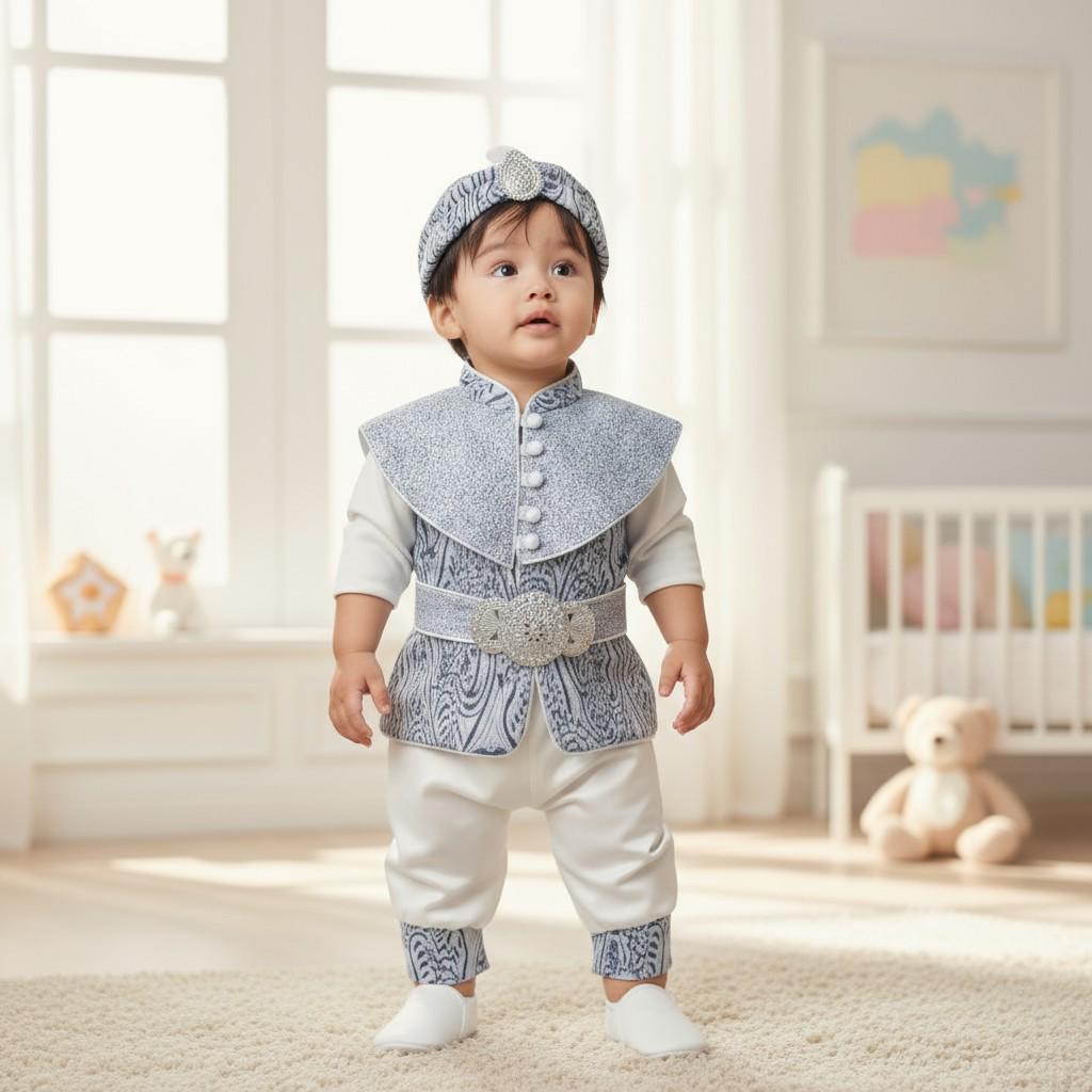 Luxury Ottoman Baby Boy Outfit | Gold Brocade Infant Ceremony Set with Hat & Belt | Handmade Royal Turkish Costume 0–12 Months