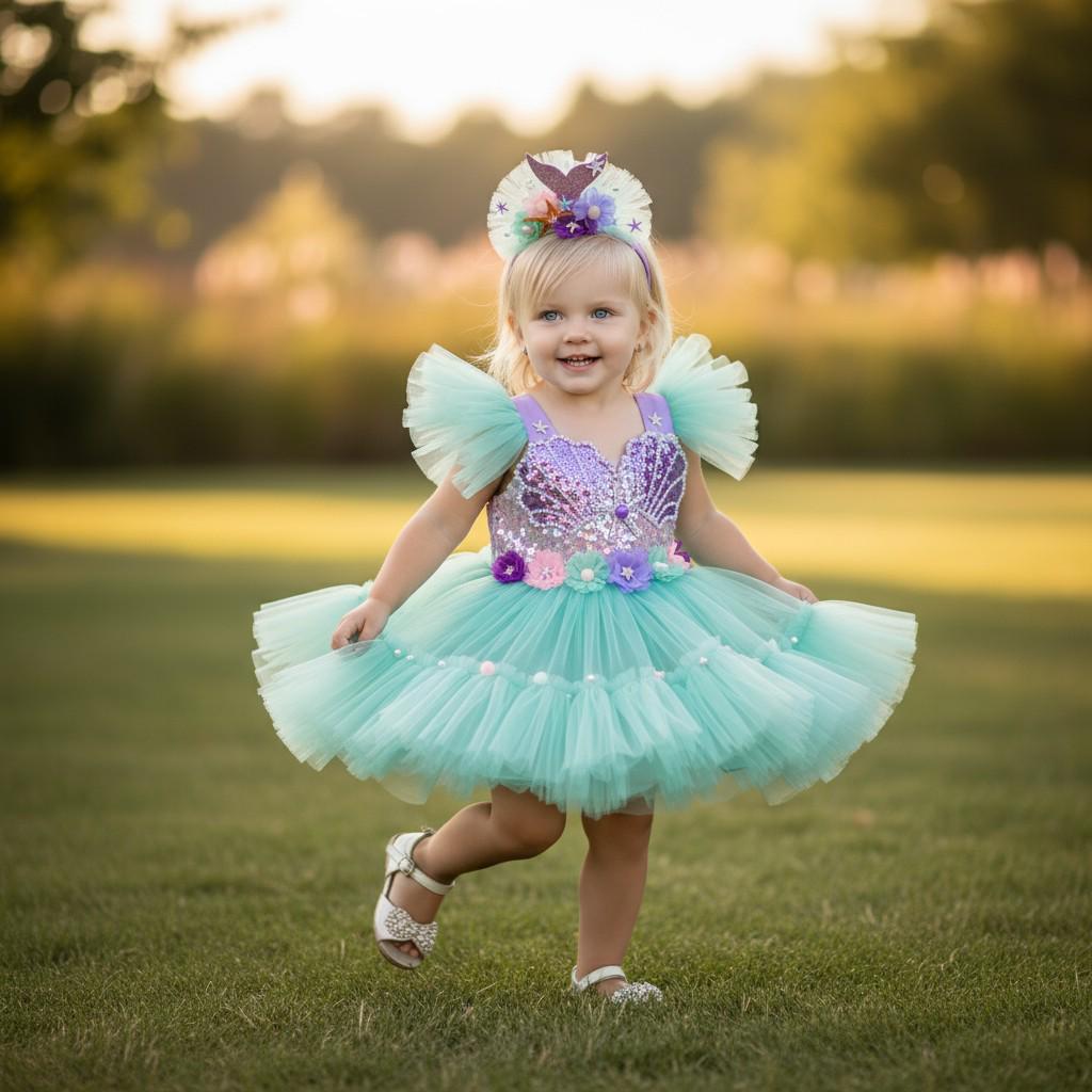 Mermaid Baby Girl Dress | Tulle Party Costume with Headband | Ocean Theme Birthday Outfit | Handmade Baby Princess Dress