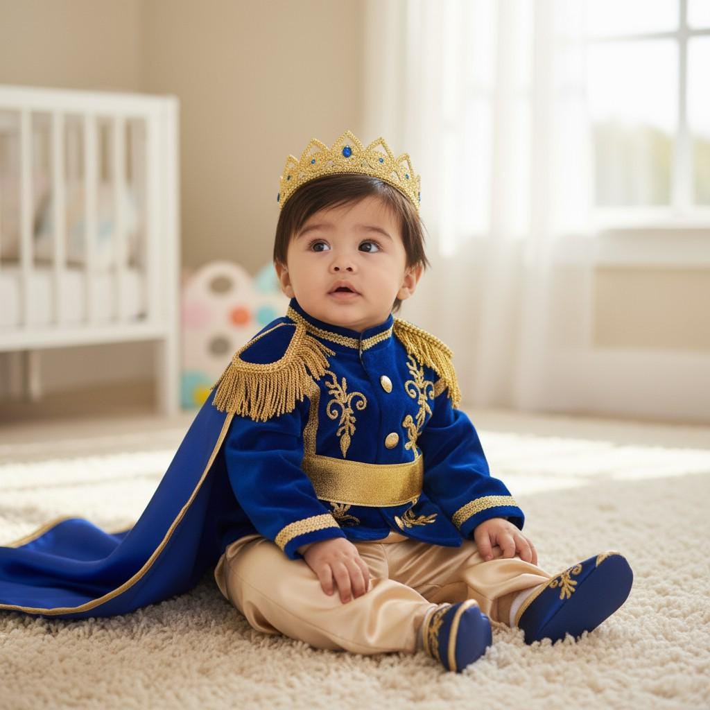Blue gold baby prince costume cape detail