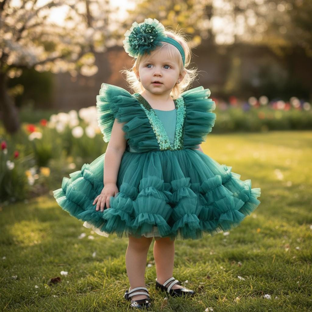 Handmade Emerald Tulle Princess Dress – close-up