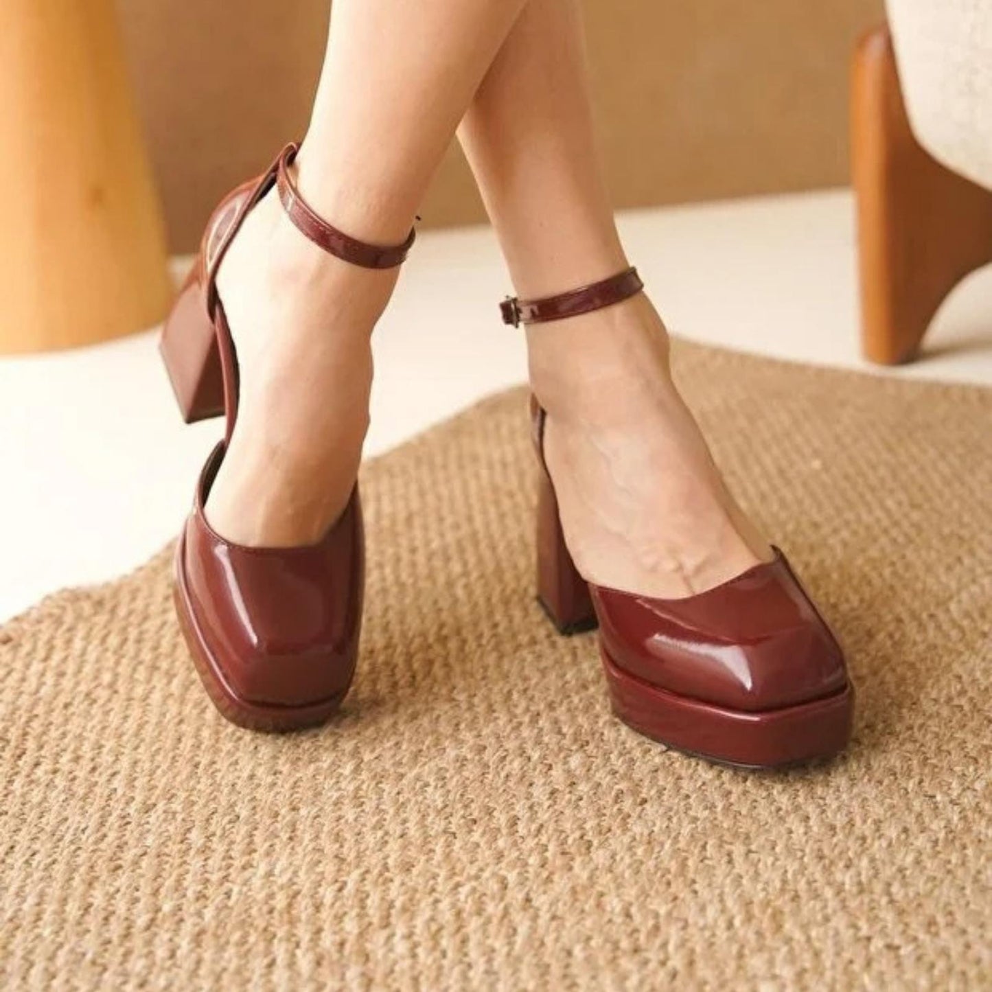 Burgundy Patent Leather Platform Heels | Chunky Block Heel Mary Jane Shoes | Elegant Women’s Party Pumps