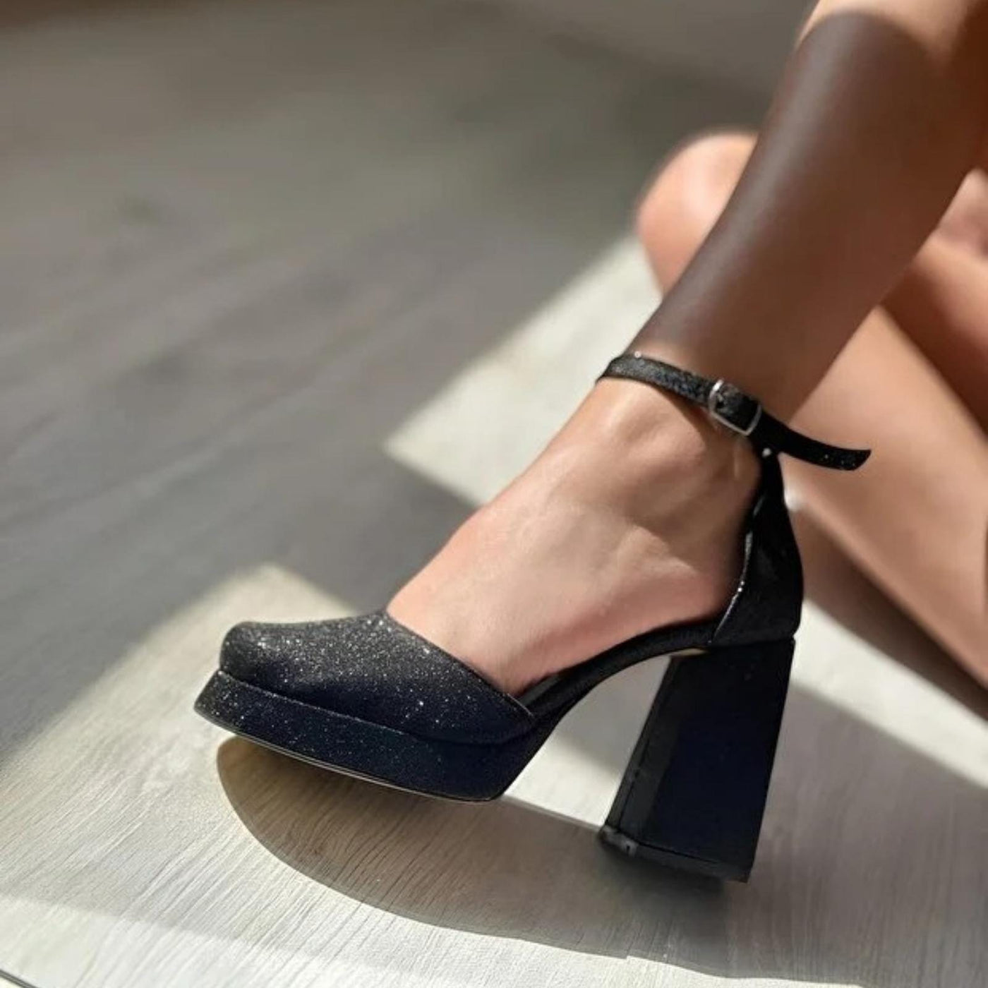 Black Glitter Block Heel Shoes – close-up