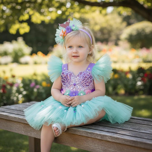 Mermaid Baby Girl Dress | Tulle Party Costume with Headband | Ocean Theme Birthday Outfit | Handmade Baby Princess Dress