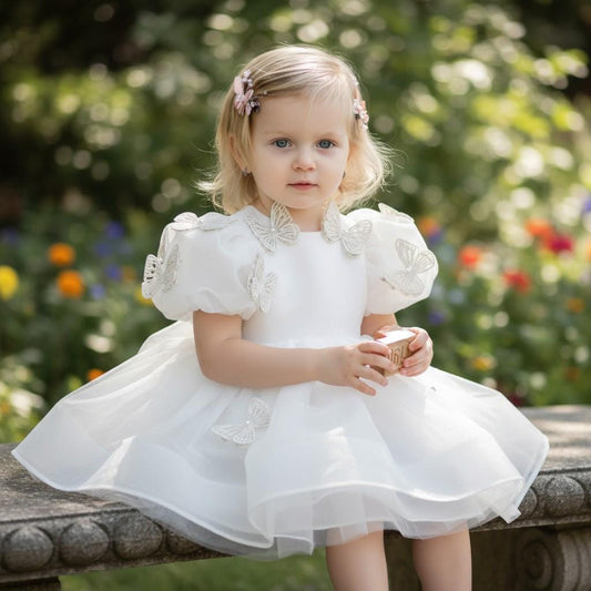 Golden Fairy Girl Dress | White Tulle Party Dress with Gold Wings | Elegant Princess Outfit for Girls