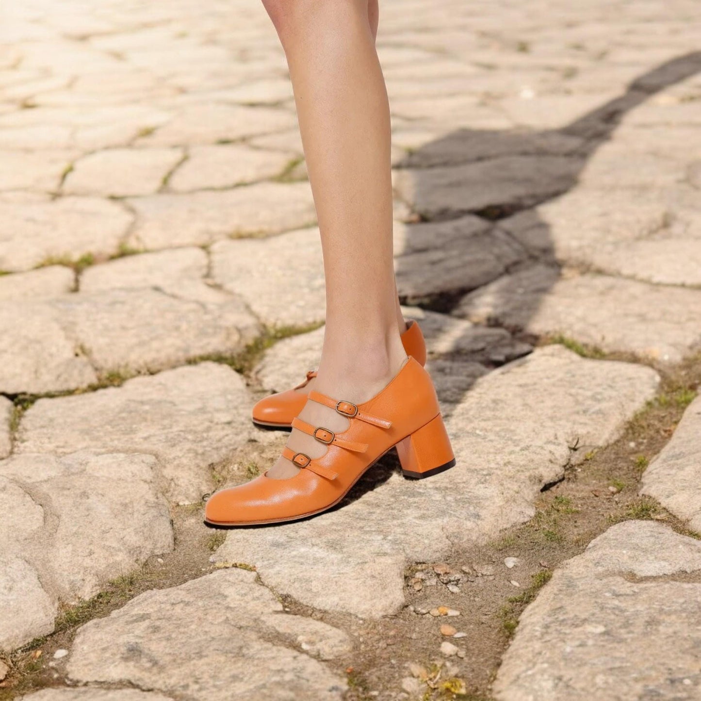 Orange Mary Jane Heels | Elegant Triple Strap Block Heels | Handmade Patent Leather Shoes | Outdoor Garden Photo Style