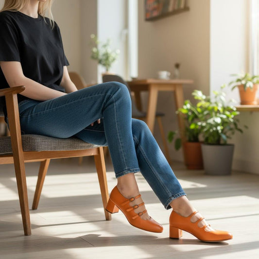 Orange Mary Jane Heels | Elegant Triple Strap Block Heels | Handmade Patent Leather Shoes | Outdoor Garden Photo Style
