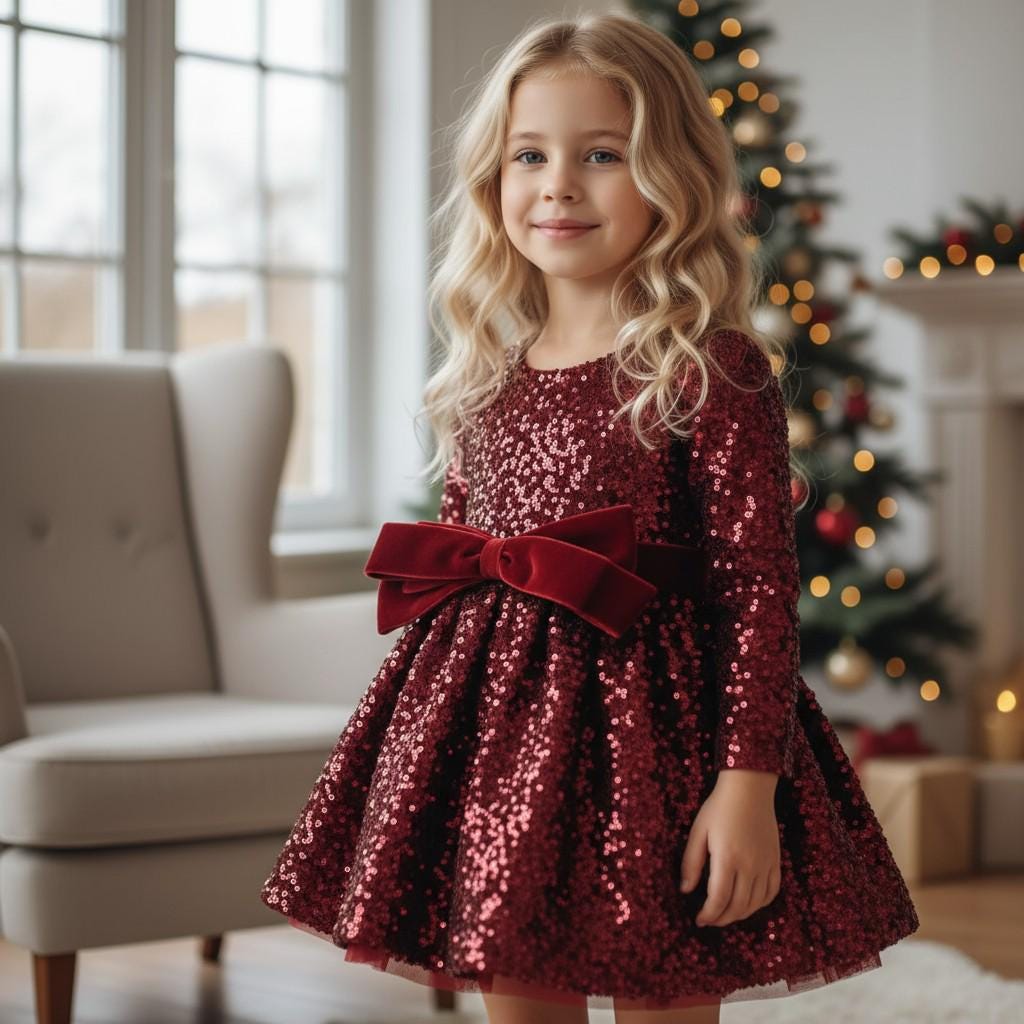 Burgundy Velvet Sequin Party Dress for Girls | Holiday Special Occasion Dress | Elegant Toddler Birthday Dress with Bow |