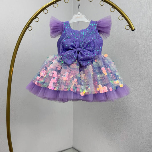 Purple Mermaid Baby Dress – Handmade Sequin Tulle Birthday Outfit for Girls – Luxury Toddler Party Dress