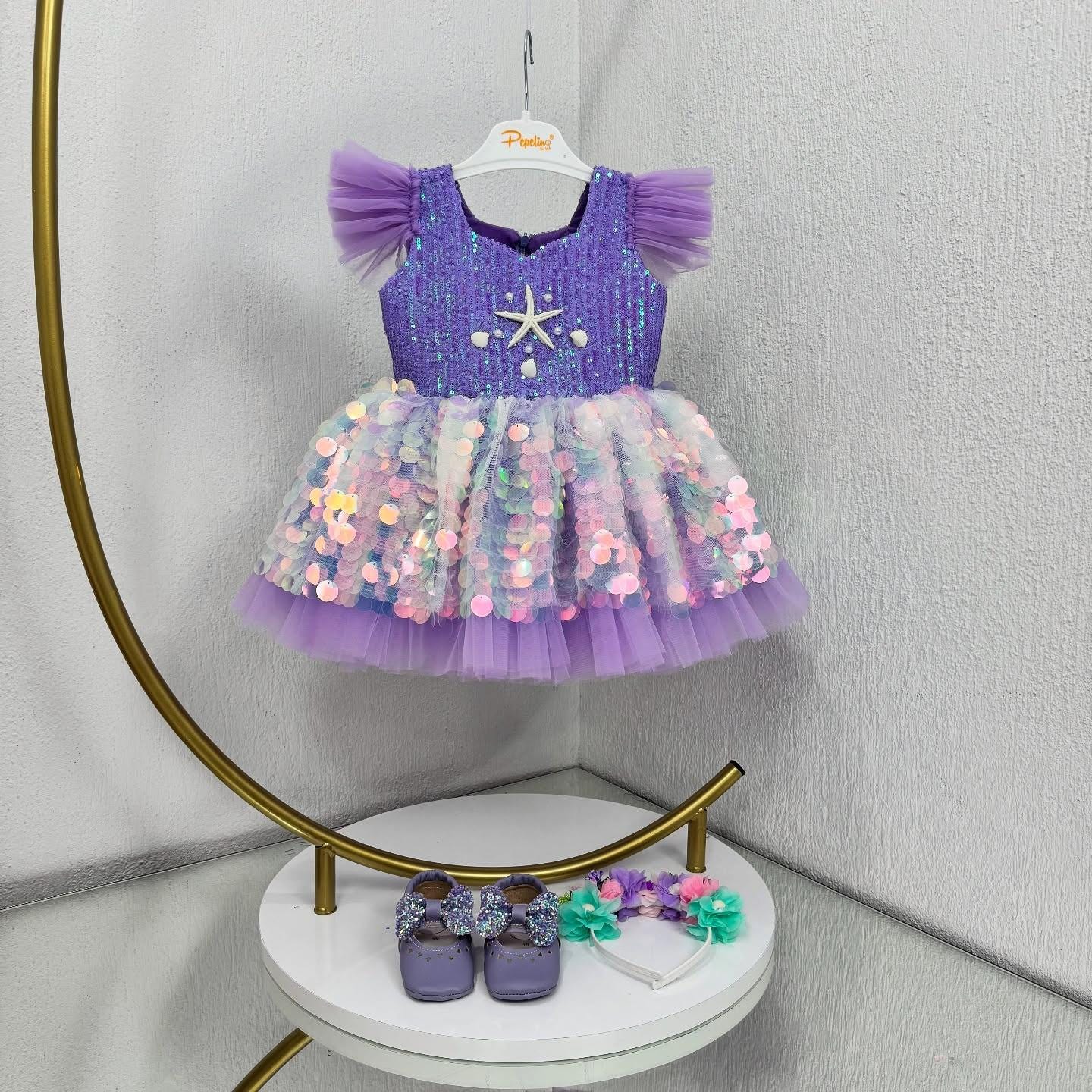 Purple Mermaid Baby Dress – Handmade Sequin Tulle Birthday Outfit for Girls – Luxury Toddler Party Dress