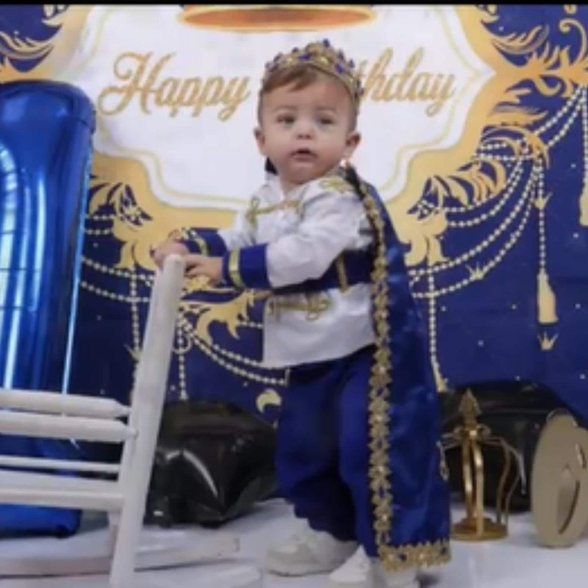 Baby Prince First Birthday Outfit | Blue & Gold Cake Smash Costume – styled look