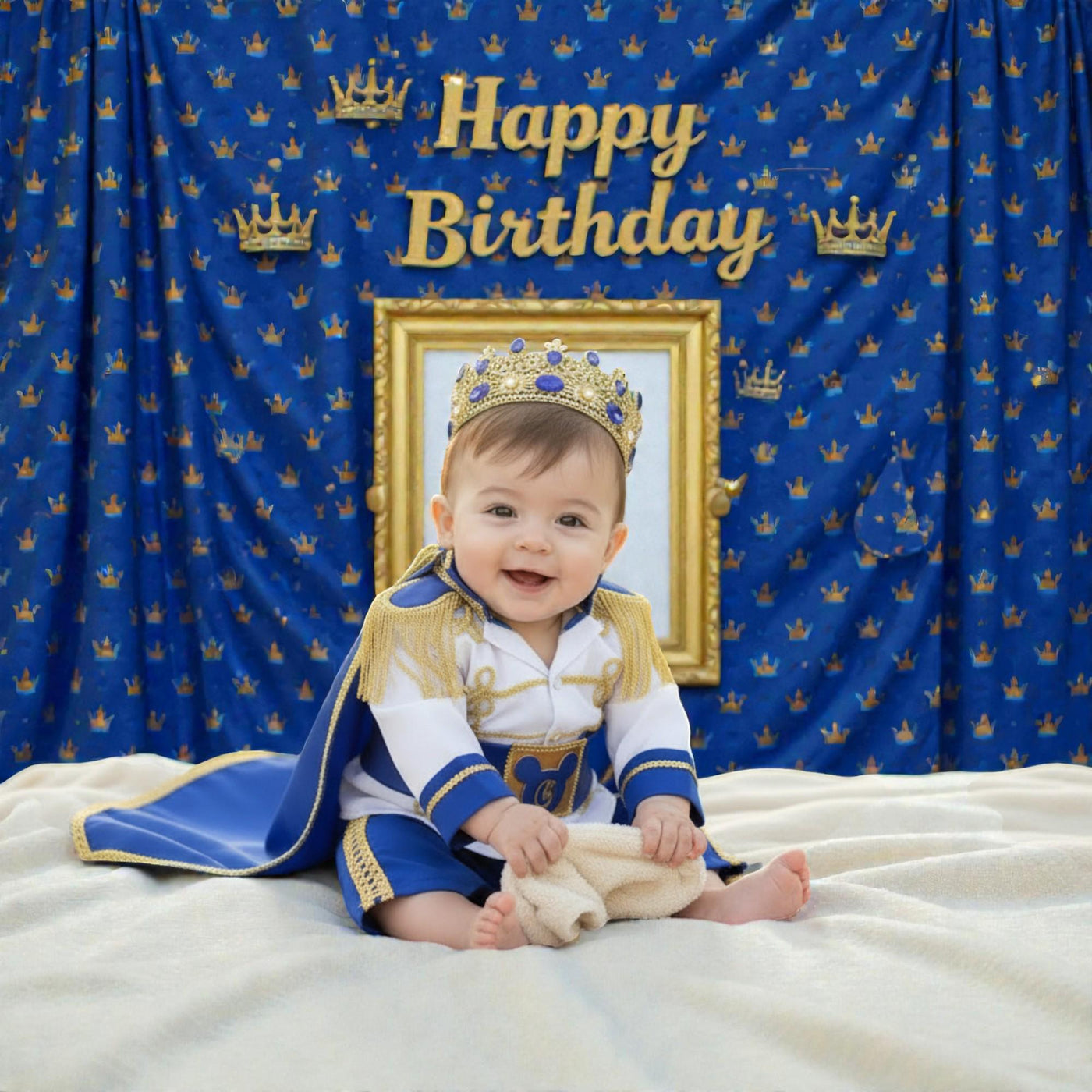 Baby Prince First Birthday Outfit | Royal Blue & Gold Cake Smash Costume – full outfit view