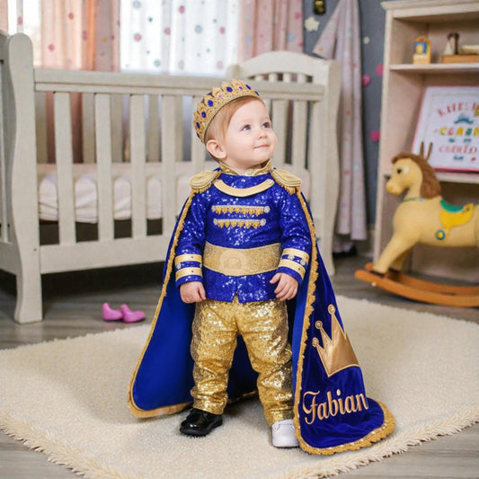 Royal Blue Gold First Birthday Prince Outfit – Personalized Baby Boy Luxury Set