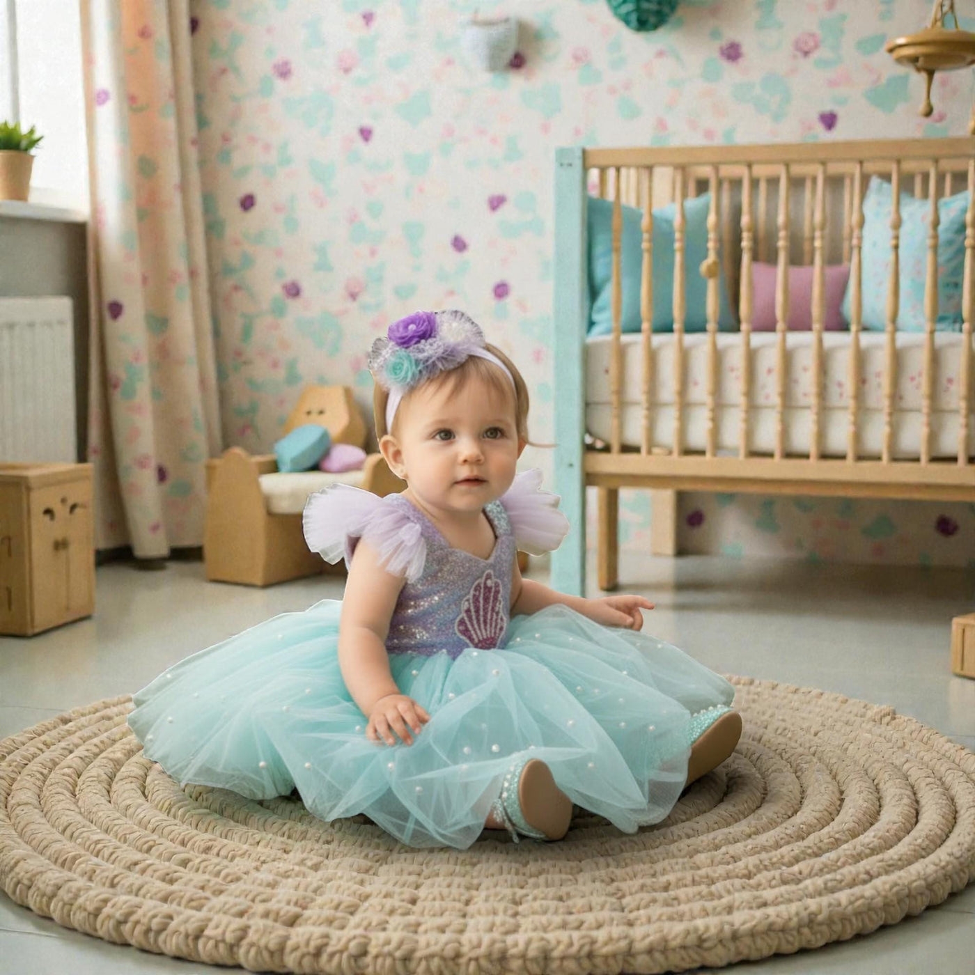 Mint Mermaid Baby Dress – Handmade Tulle Birthday Outfit – Elegant Toddler Party Dress – detail shot
