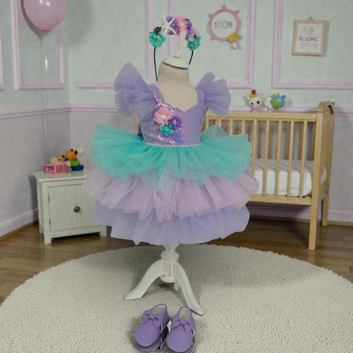 Pastel Mermaid Baby Dress – Purple Mint Tulle Birthday Outfit – Handmade Toddler Party Dress – side view