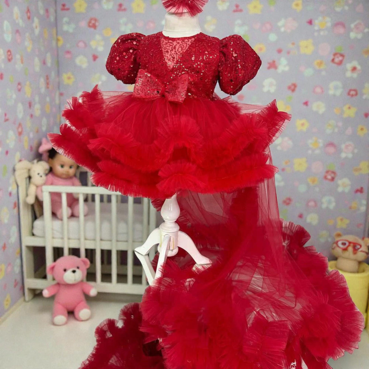 Red Mermaid Toddler Dress – Dramatic Handmade Birthday Gown – Luxury Girl Party Outfit – close-up
