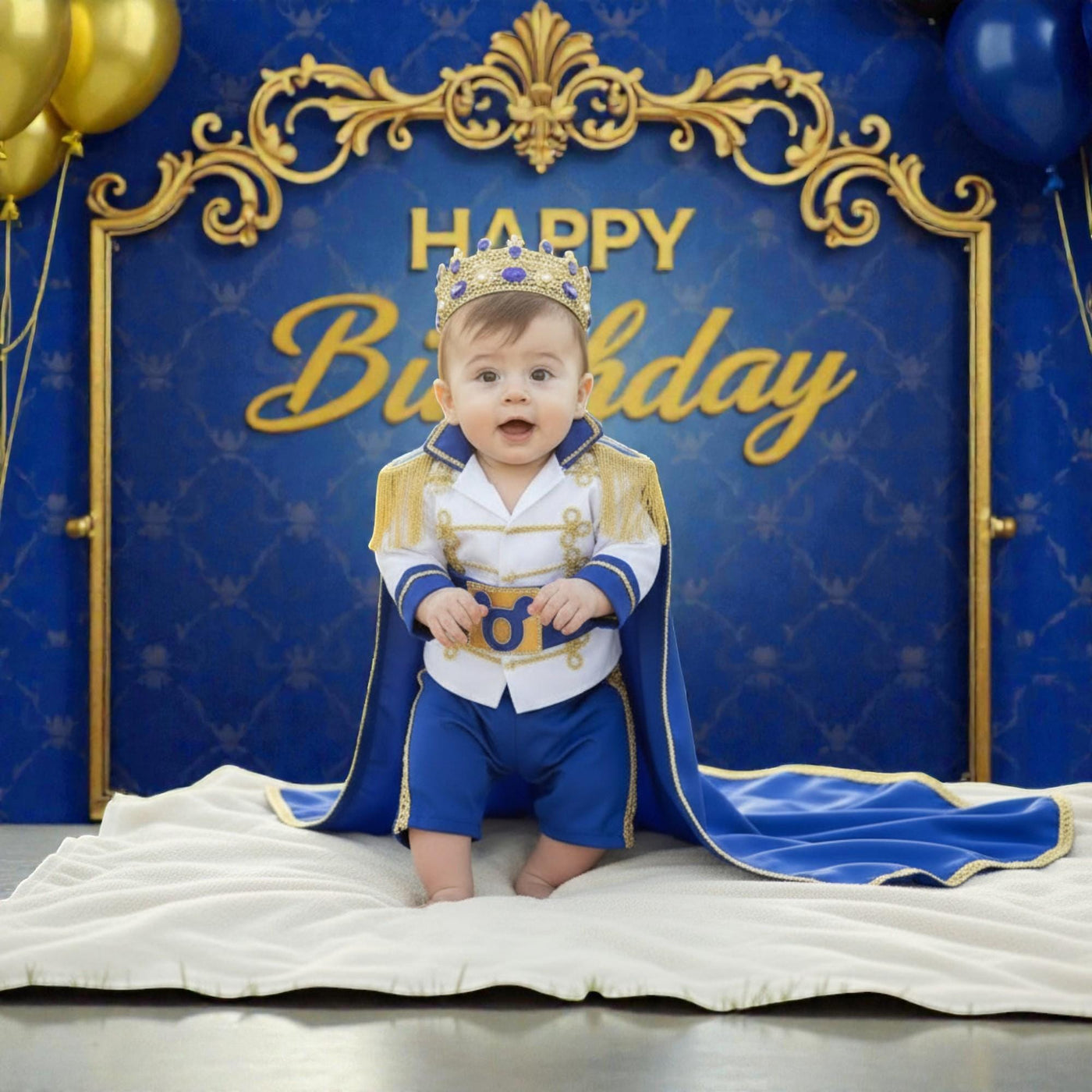 Baby Prince First Birthday Outfit | Royal Blue & Gold Cake Smash Costume – close-up