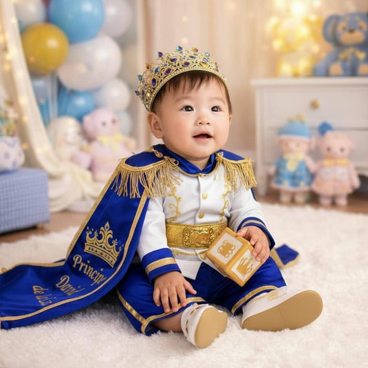 Luxury Baby Prince Costume – Personalized Royal Blue White Cake Smash Set