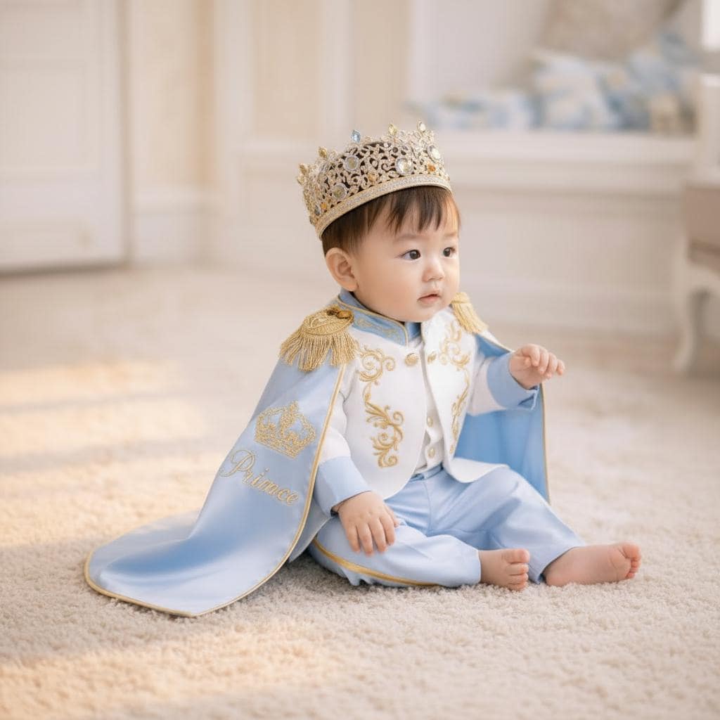 Baby Boy Outfit Blue Gold Prince Birthday Suit – side view