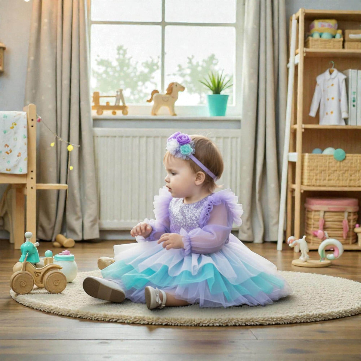 Purple Mermaid Toddler Dress – Handmade Tulle Birthday Outfit – Luxury Girl Party Dress – close-up