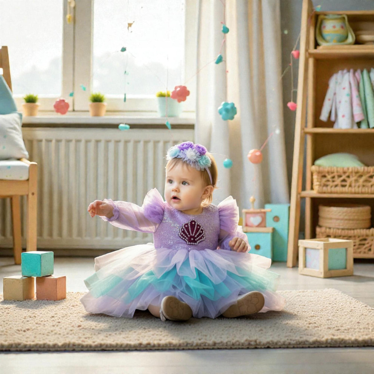 Purple Mermaid Toddler Dress – Handmade Tulle Birthday Outfit – Luxury Girl Party Dress – styled look