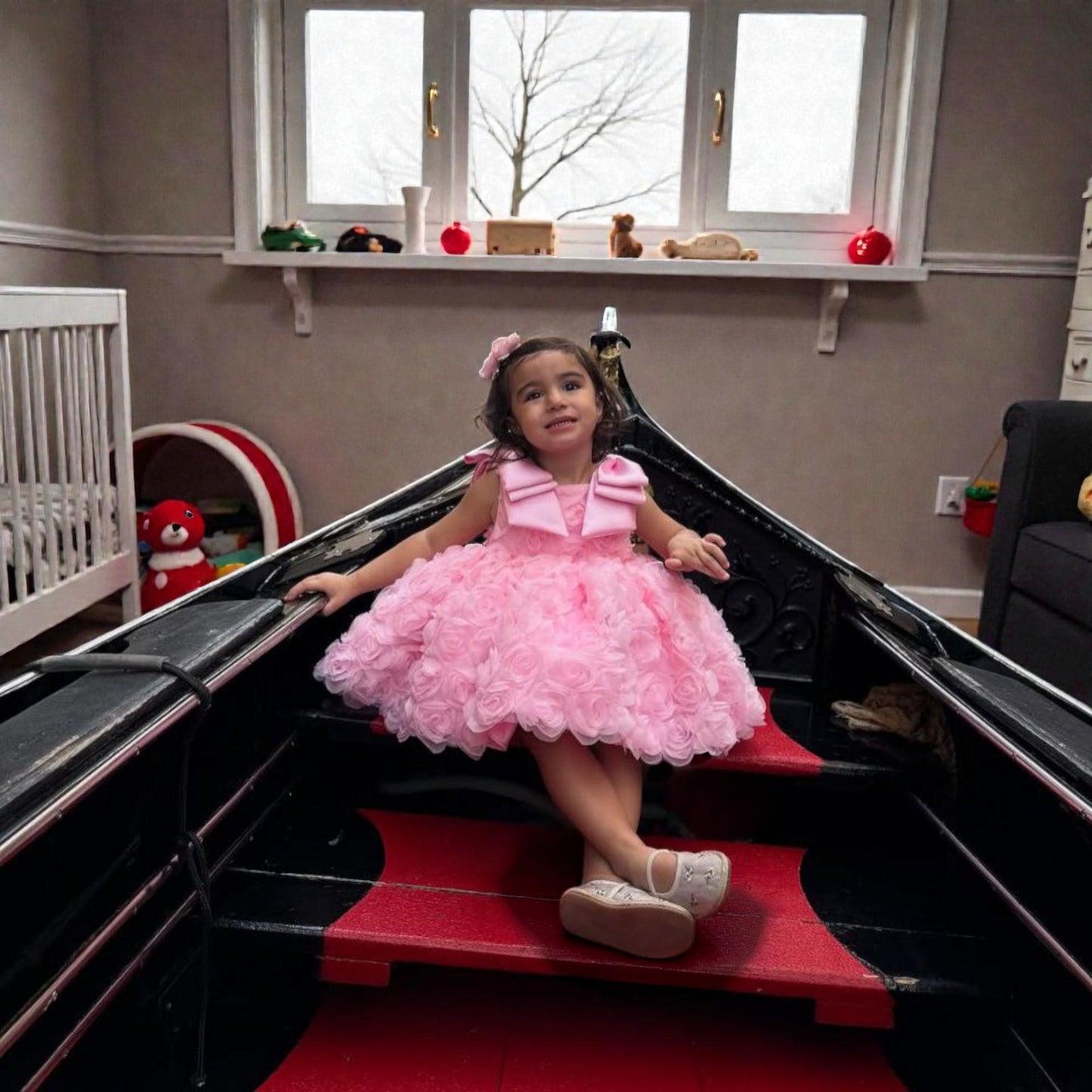 3D Floral Pink Baby Dress – Luxury Handmade Birthday Outfit – Couture Toddler Party Dress