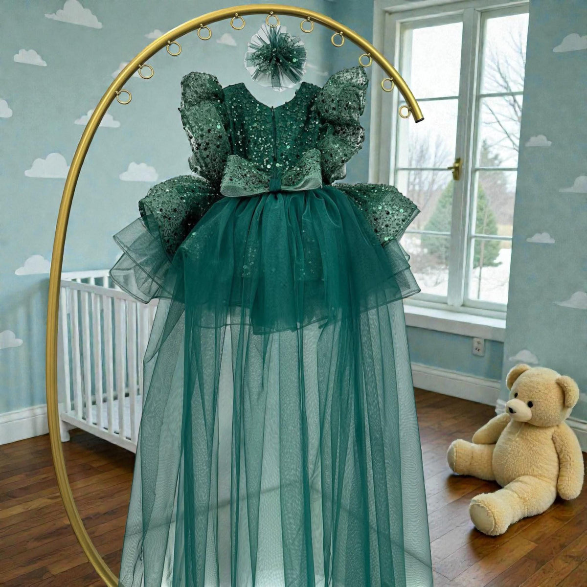 Emerald Green Sequin Baby Dress – Luxury Handmade Birthday Gown – Elegant Toddler Outfit – close-up