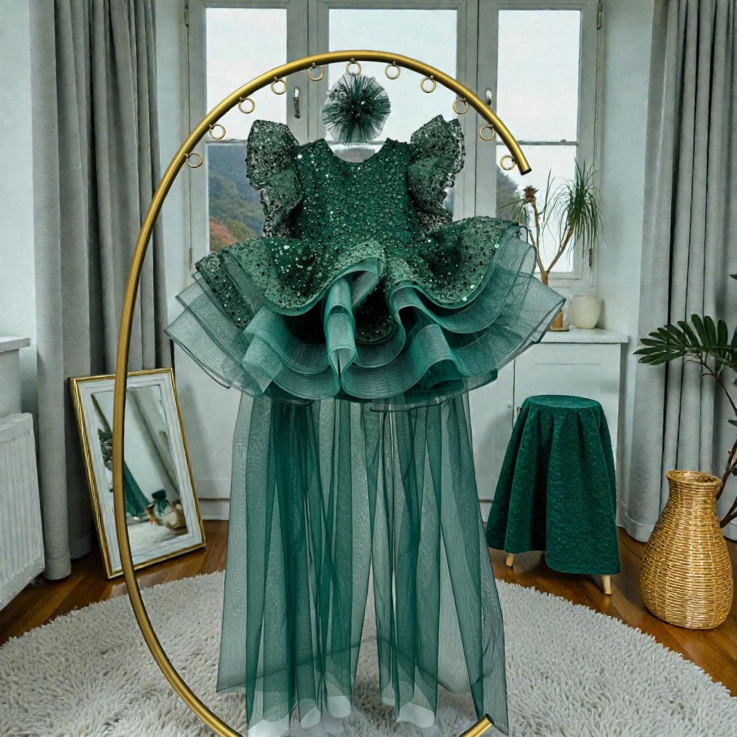 Emerald Green Sequin Baby Dress – Luxury Handmade Birthday Gown – Elegant Toddler Outfit