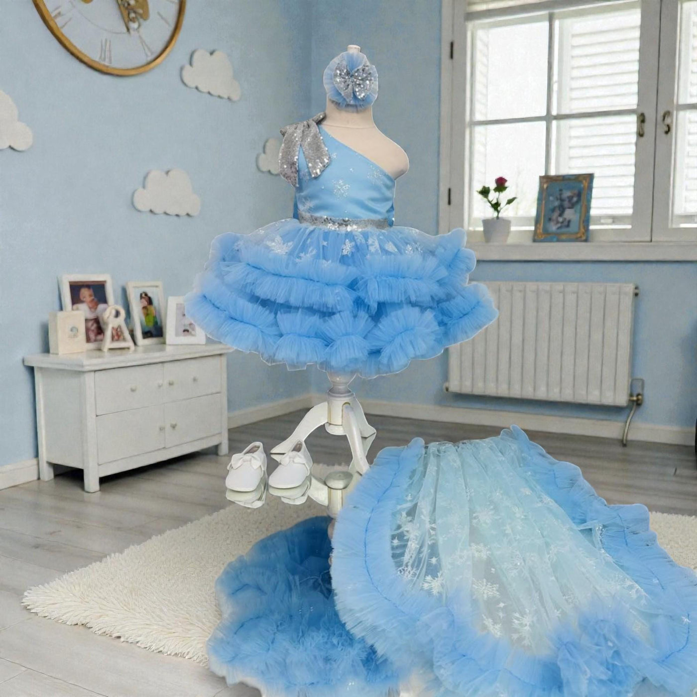 Blue Tulle Baby Dress with Bow – Handmade Luxury Birthday Outfit – Toddler Princess Gown – close-up