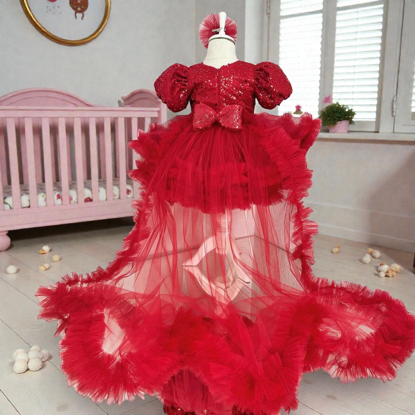 Red Mermaid Toddler Dress – Dramatic Handmade Birthday Gown – Luxury Girl Party Outfit